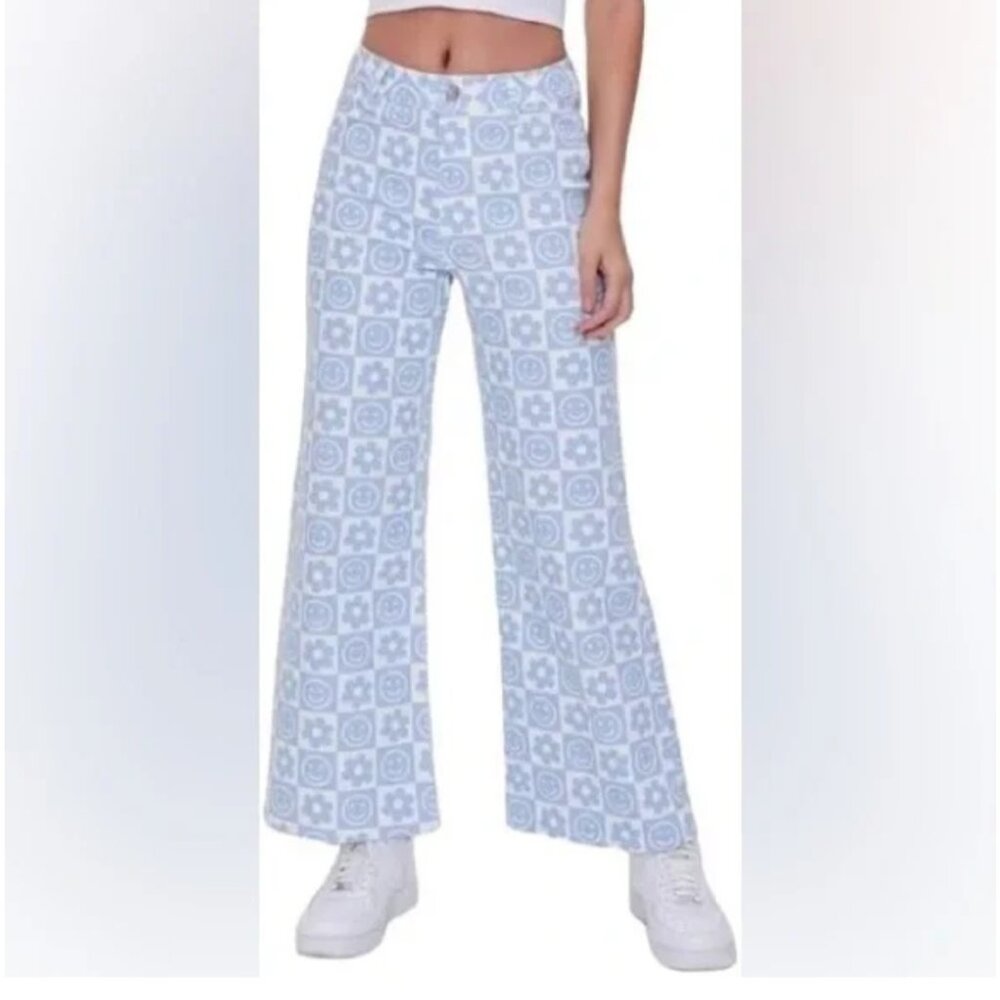 Forever 21 Flare Bell Bottom Jeans Checkered Floral Happy Face Pattern